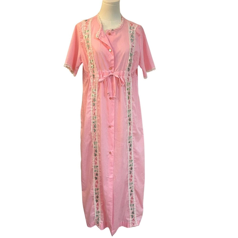 Vintage Pink Maxi Dress Button Front House Dress Nightgown Lace Trim M L - Picture 1 of 8